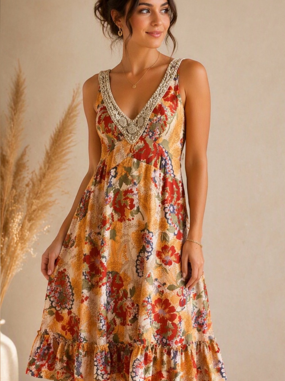 Sleeveless V-Neck Floral Midi Dress in Mustard